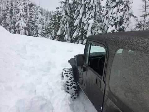 1995 Jeep Wrangler - A dark Jeep Wrangler navigates through a snow-covered forest road.