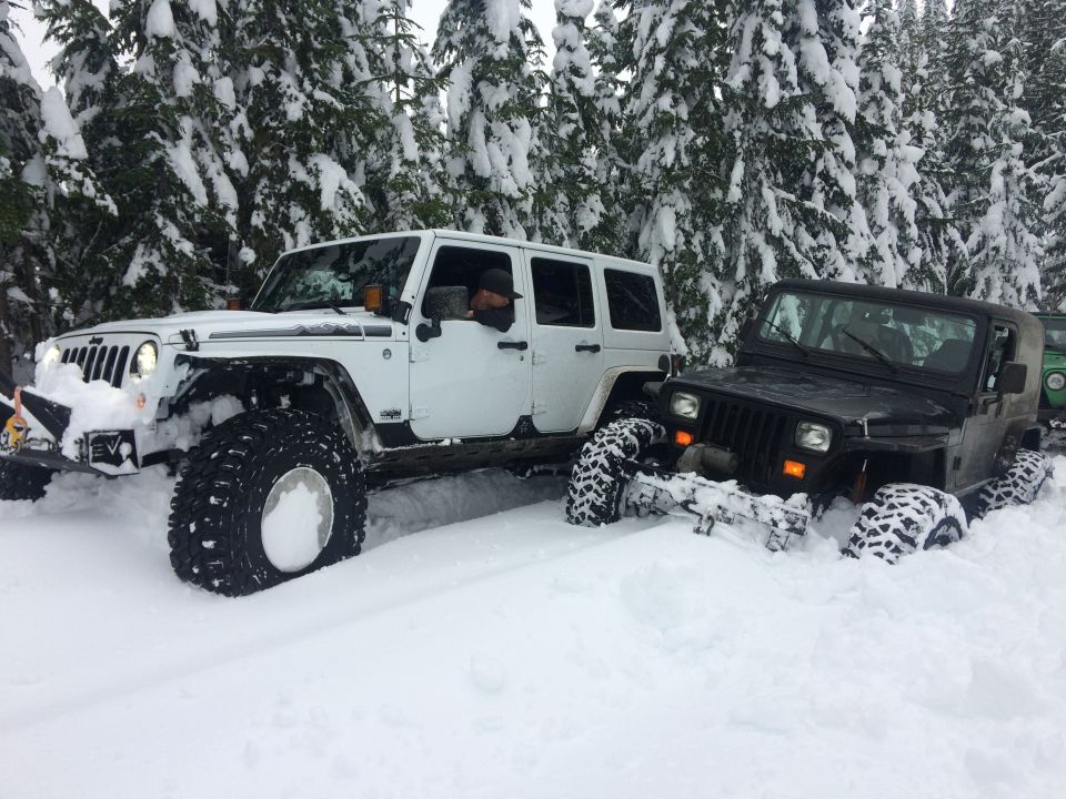 White Jeep Wrangler and black Jeep Wrangler stuck in deep snow with trees in background
