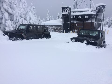 1995 Jeep Wrangler - Two Jeeps are stuck in deep snow, with one four-door model showing 'Rubicon' decals near a snowy building.