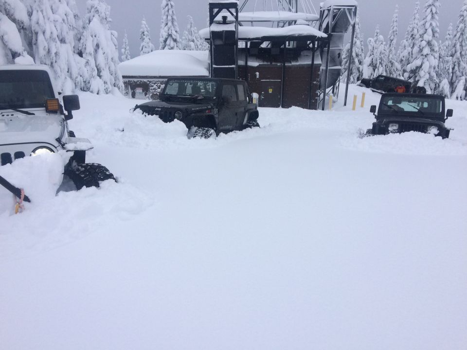 Three Jeeps partially buried in snowdrifts, with a building and snow-covered trees in the background