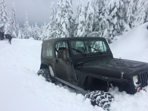 1995 Jeep Wrangler - A Jeep Wrangler is partially buried in snow, with snow-covered trees in the background.
