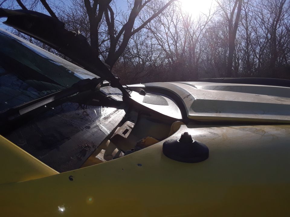 Yellow vehicle hood and damaged windshield with sun glare and bare trees.