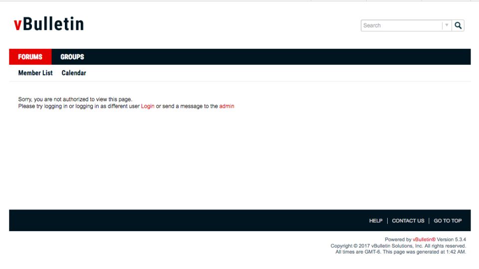 Screenshot of a vBulletin forum page showing an authorization error.