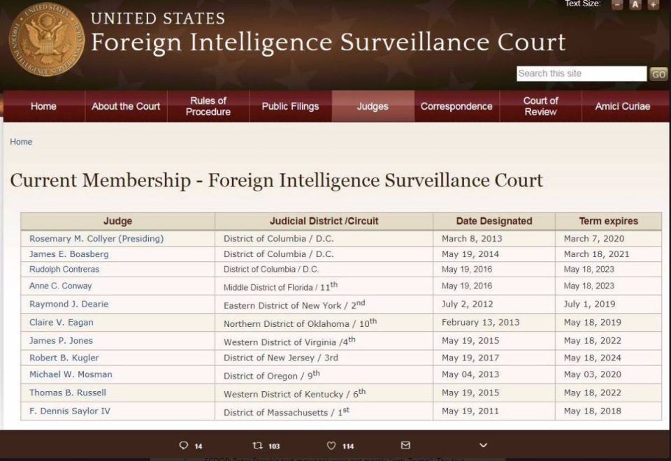 Screenshot of the Foreign Intelligence Surveillance Court website with a table of judges.