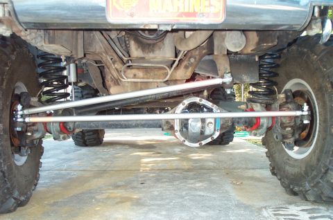 1995 Ford Bronco - Head-on underbody view of a lifted 4x4 front solid axle with a polished differential cover, showing heavy-duty crossover steering with tie…