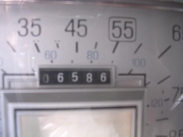 Close-up of analog odometer reading 06586 on a speedometer marked 35-55 mph