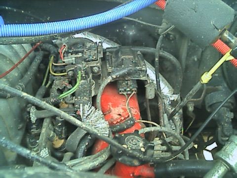 1989 Ford Bronco - The engine bay is cluttered with wires and hoses, obscuring the main components.