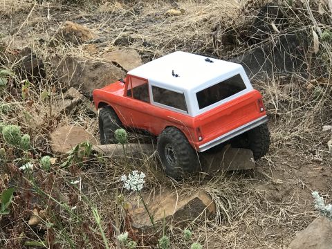 1989 Ford Bronco - RC rock crawler navigating a rough, outdoor obstacle course with rocks and dry grass.