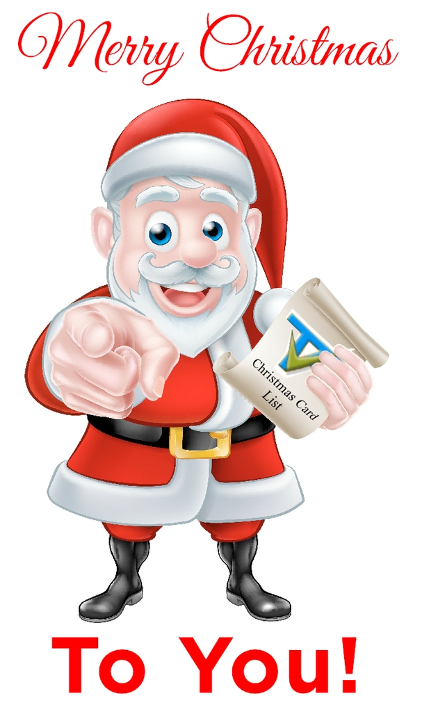 Cartoon Santa Claus pointing forward and holding a scroll that says "Christmas Card List"