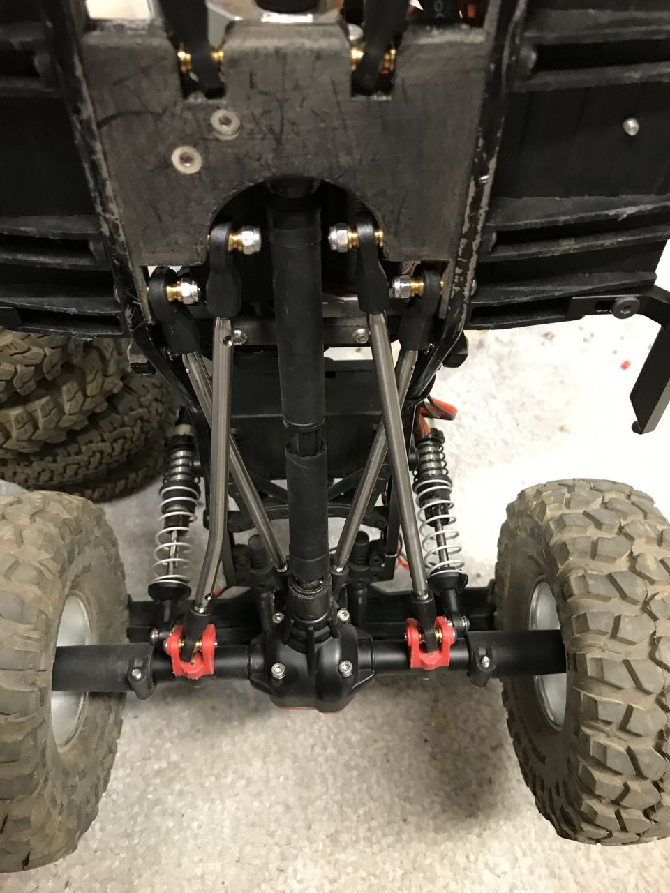 RC car chassis with suspension and large tires
