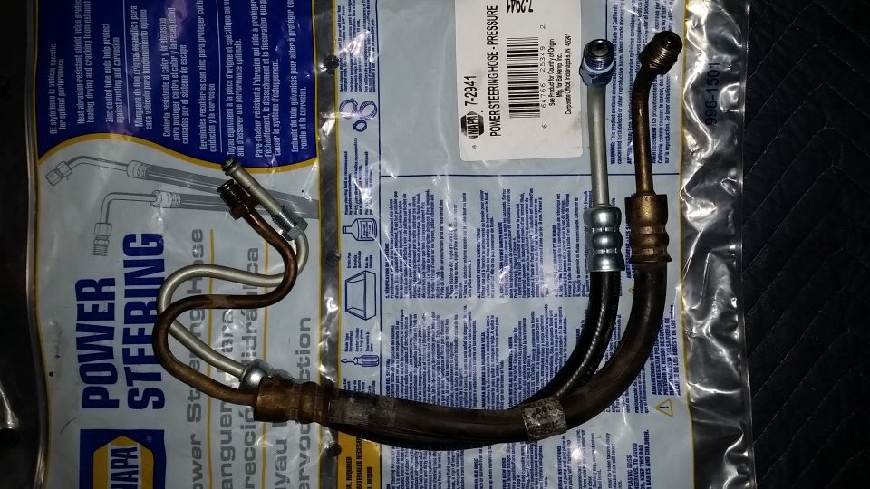 Many times I see people struggling to find the right power steering hose, and they wind up using one that is not designed for these vehicles.  This is because the old hose has a flare fitting on the side that attaches to the steering gear.  The new hose has an O-ring fitting.  The two are not compatible.  After a lot of research I found that the needed hose, with the proper fittings, the proper bends, and the proper length will come from a 1997 Ford F-250 Pickup with a 5.8 engine.  You can reference the hose in the picture (acquired from Napa, P/N: 7-2941), or use the Gates 353940 for a proper fit.