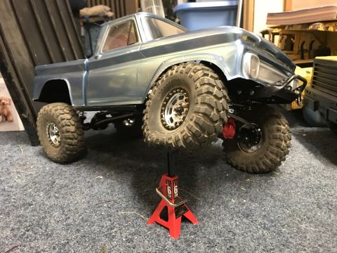 1989 Ford Bronco - This RC truck body is a replica of an older pickup, possibly from the 1970s, shown here on a jack.