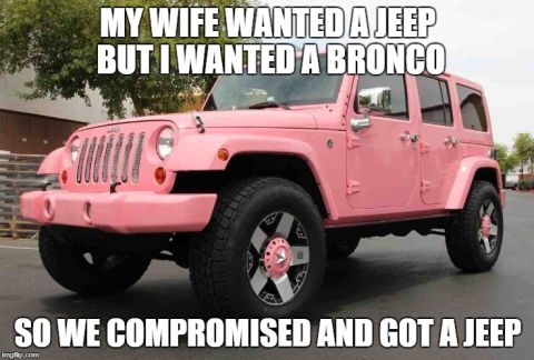 1996 Ford Bronco - This pink Jeep Wrangler is shown with custom wheels and a humorous text overlay about a car purchase.