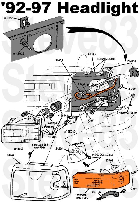1983 Ford Bronco - '92-96 & '97 >8500GVWR Headlight IF THE IMAGE IS TOO SMALL, click it. The NA bulb goes in the socket with the amber tape on its wiring harn…