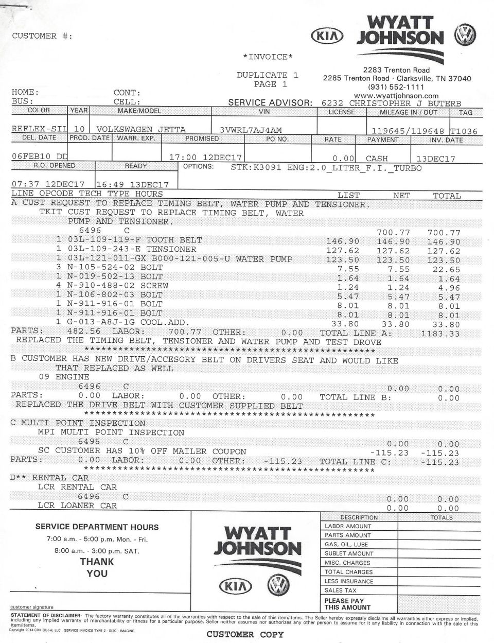 Service invoice for a 2010 Volkswagen Jetta detailing engine repairs.