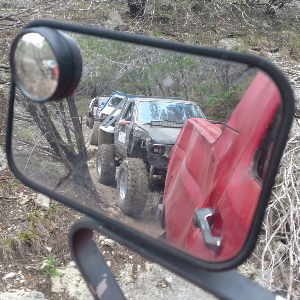 April wheeling trip, line of toys behind me on our first trail ride!