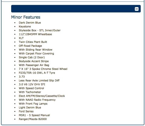 1998 Ford Ranger - This document details various features and options for a vehicle, such as color, wheelbase, and trim level.