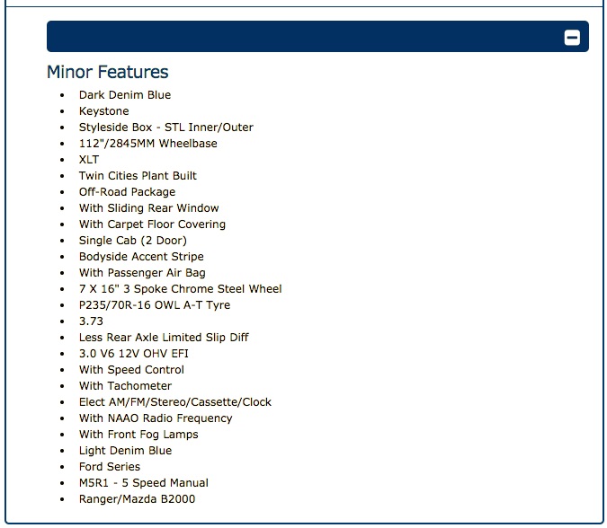 Document listing minor features for a vehicle, including color and options