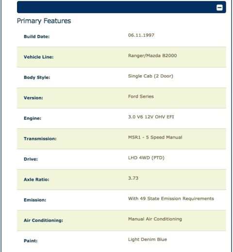 1998 Ford Ranger - This document details primary features like build date, engine specs, and paint color for a vehicle.