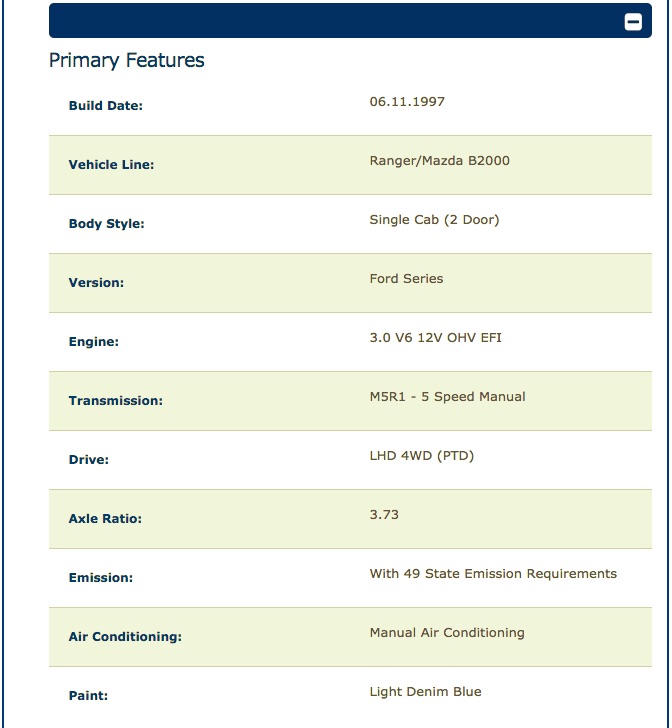 Document listing primary features of a vehicle, including build date, vehicle line, body style, engine, transmission, and paint