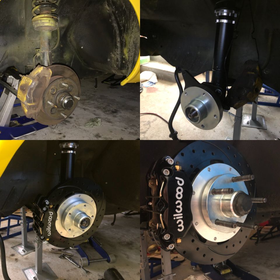 Front brake assembly with Wilwood calipers and drilled rotors