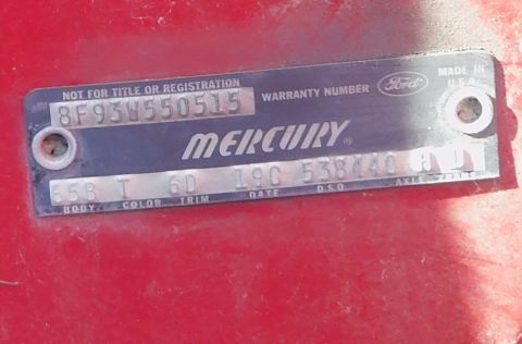 1968 Mercury Cougar - Close-up of a Mercury VIN plate, showing the vehicle identification number and other details.