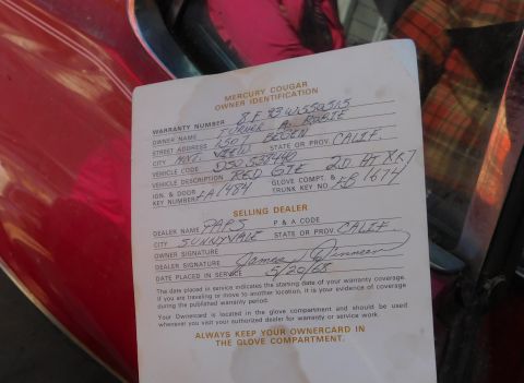 1968 Mercury Cougar - This owner identification document for a Mercury Cougar has handwritten details and a date of 5/20/68.