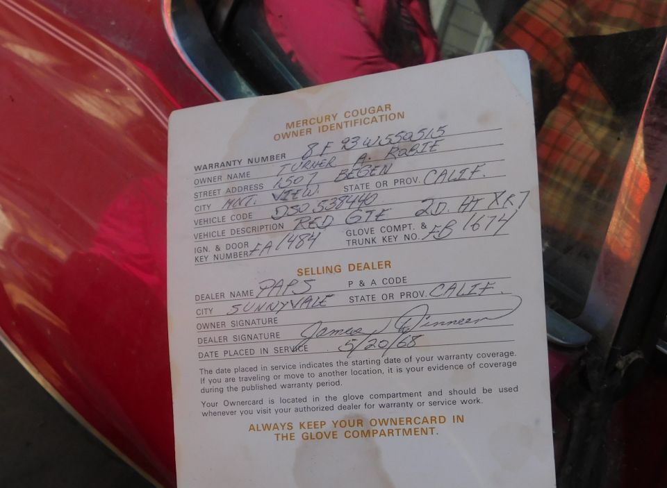 Mercury Cougar owner identification document with handwritten details and a date of 5/20/68