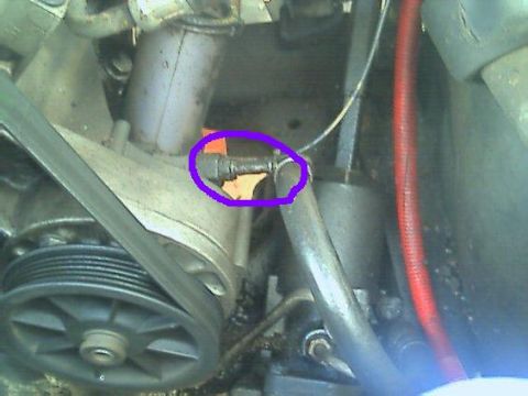 1989 Ford Bronco - A close-up view of a hose fitting on an engine, with a ribbed belt visible.