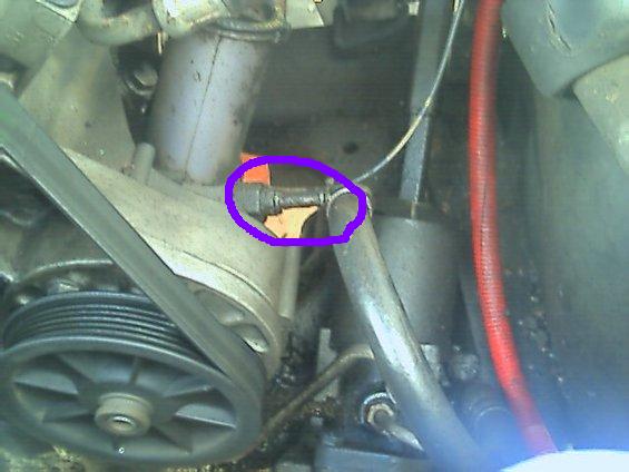 Close-up of a metal hose fitting circled in purple, attached to engine components and a ribbed belt
