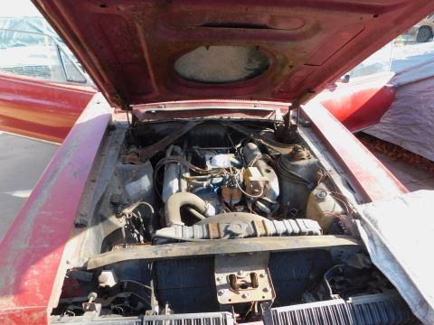 1968 Mercury Cougar - The engine bay of a red vehicle is exposed with the hood raised, revealing the engine components. Another car is partially visible to the l…