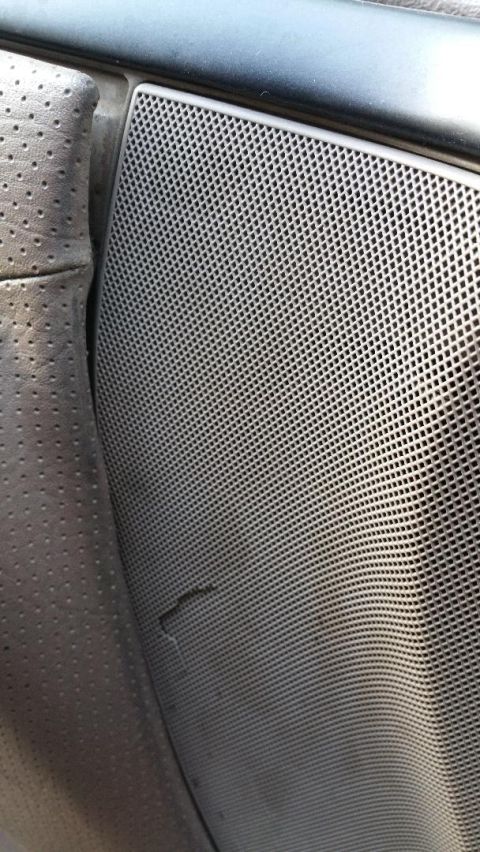 1996 Ford Bronco - Interior door panel detail showing a perforated seat and a damaged speaker grille.