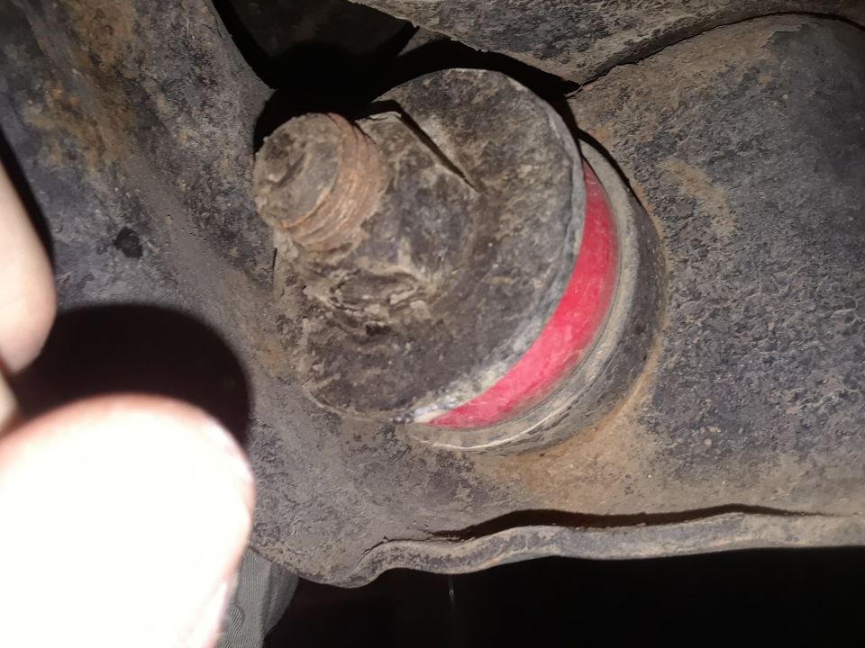 Close-up of a red suspension bushing with a bolt going through it