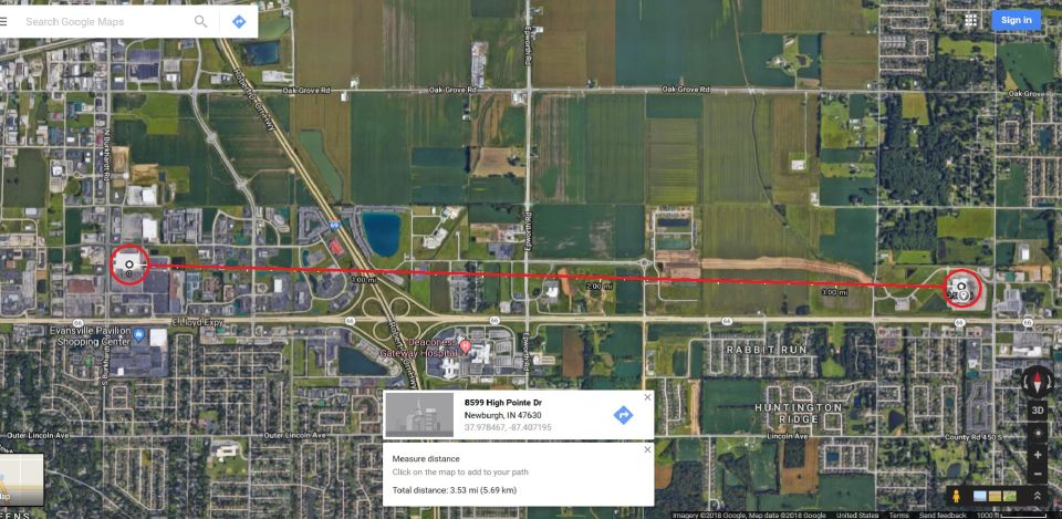 Google Maps screenshot showing a measured distance of 3.53 miles.