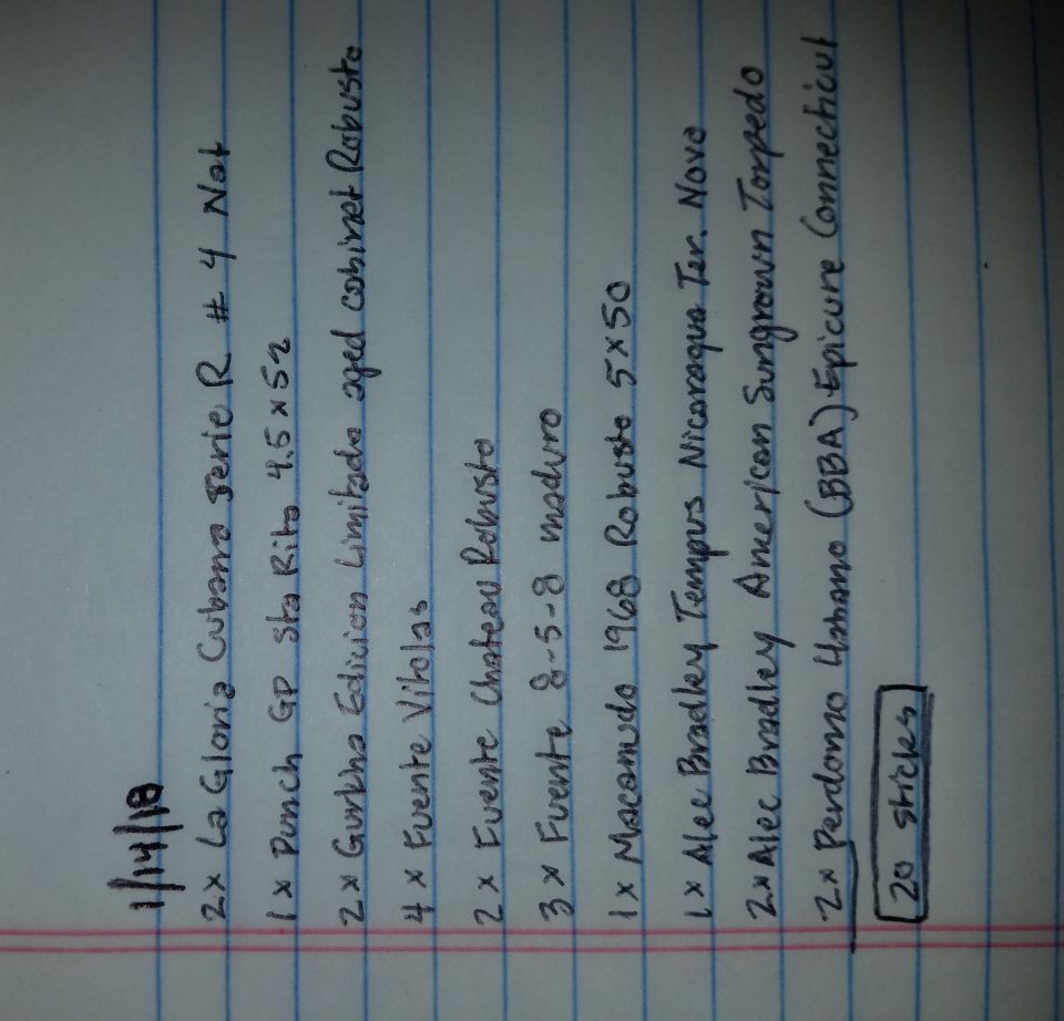 Handwritten list of cigars on lined paper.