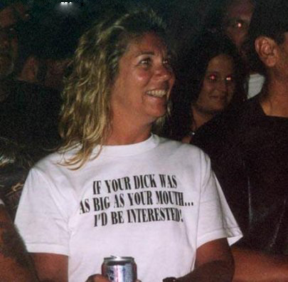 1979 Ford Bronco II - Woman wearing a t-shirt with a provocative message and holding a beverage can.