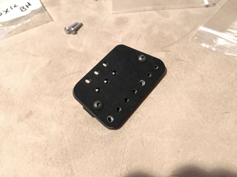 Black mounting plate with screw holes and two screws.