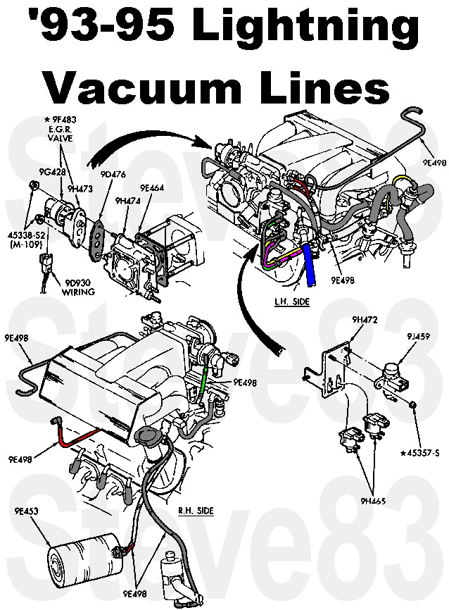 1993-95 Lightning vacuum lines routing diagram with EGR valve labels