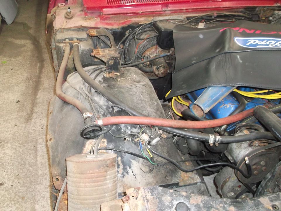 Close-up of 1967 Ford Galaxie engine bay with red hoses, yellow wires, and black Ford Racing cover.