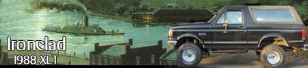 1988 Ford Bronco - This 1988 Ford Bronco is captured in a side profile, set against a backdrop of a riverboat painting.