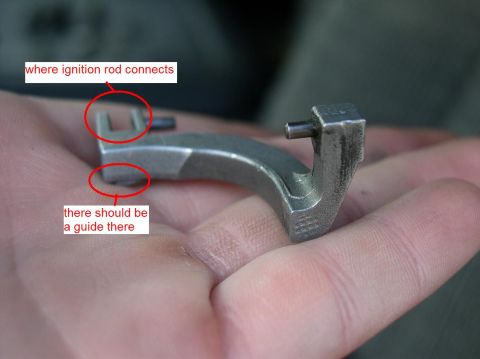 1990 Ford Bronco - A close-up view of a metal linkage part, with annotations pointing out connection areas.