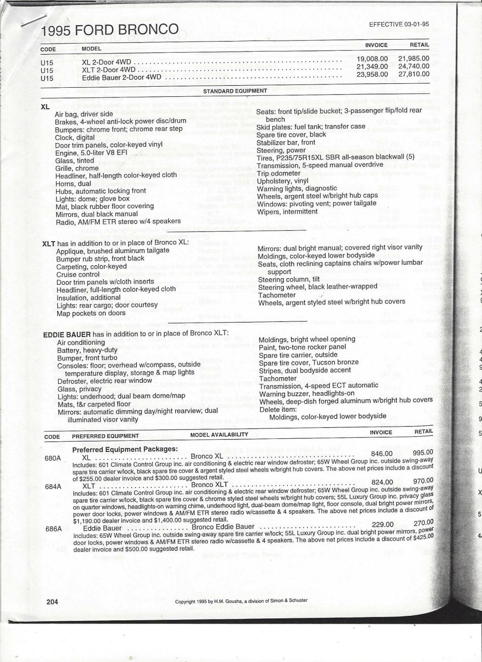 1995 Ford Bronco XL, XLT and Eddie Bauer pricing page with standard equipment and preferred packages