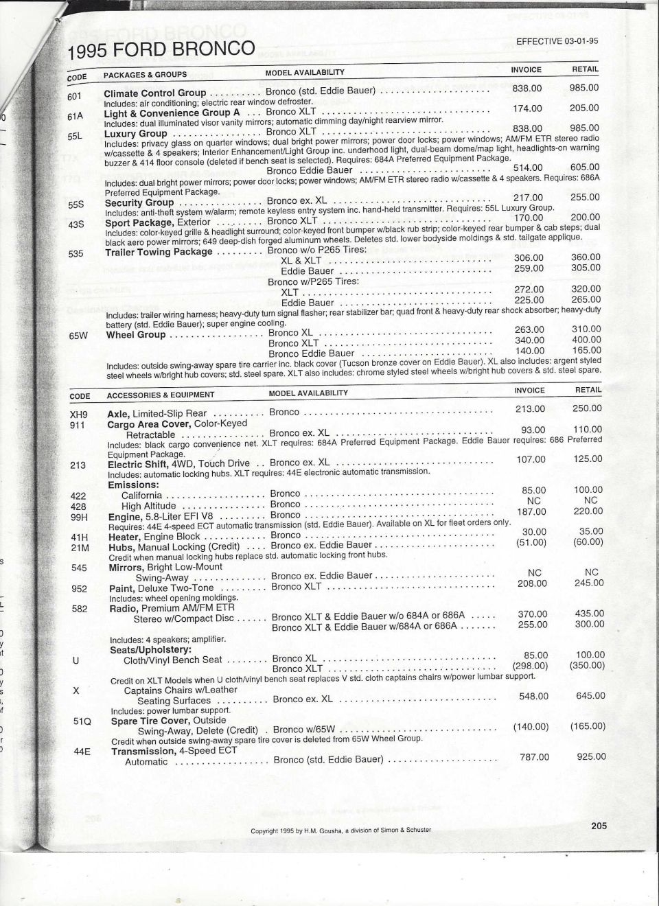 1995 Ford Bronco option packages, groups and accessories price list with invoice and retail columns