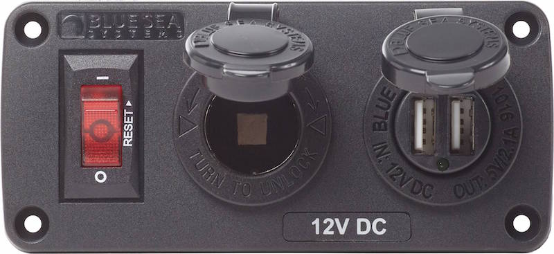 Blue Sea Systems 12V DC power panel with reset switch, 12V socket, and dual USB ports.