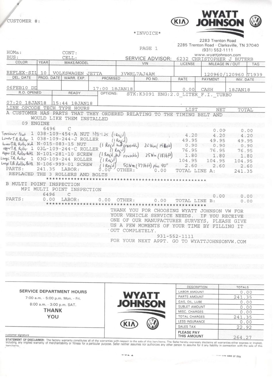 Invoice for 2010 Volkswagen Jetta timing belt and multi-point inspection.