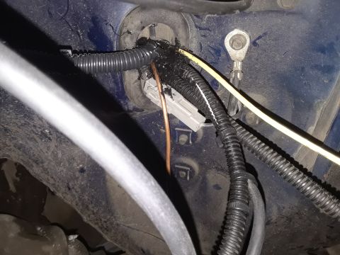1985 Ford Bronco - Close-up view of automotive wiring and a blue body panel, showing electrical connections and protective conduit.