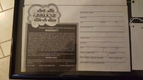 1973 Ford F-100 - This document details a dealer-installed Ford air conditioner warranty, a retro "The Coolest Ride in Town" graphic.