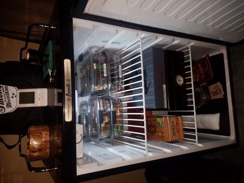 2018 Ford Bronco - This mini-fridge is organized with clear containers and several boxes of cigars, suggesting a controlled environment for storage.