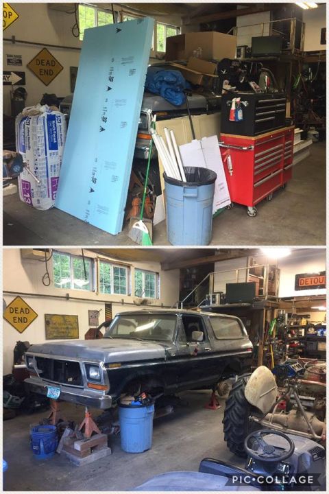 1979 Ford Bronco - A 1978 Ford Bronco is undergoing maintenance in a cluttered garage.