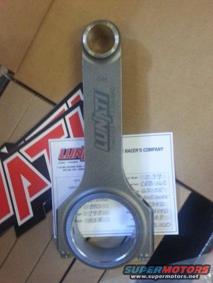 1979 Ford Bronco - Close-up of a Lunati connecting rod, part number CRB-142, with specifications listed.